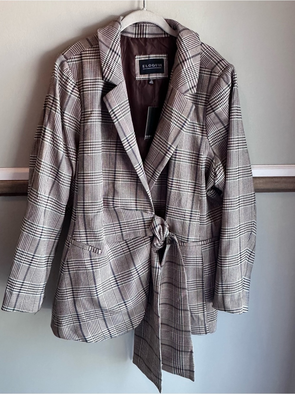 ELOQUII Plaid Blazer Tie Waist Jacket Brown Green